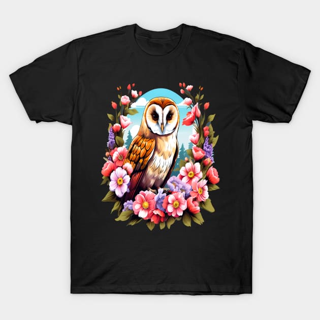 Cute European Barn Owl Surrounded by Bold Vibrant Spring Flowers T-Shirt by BirdsnStuff